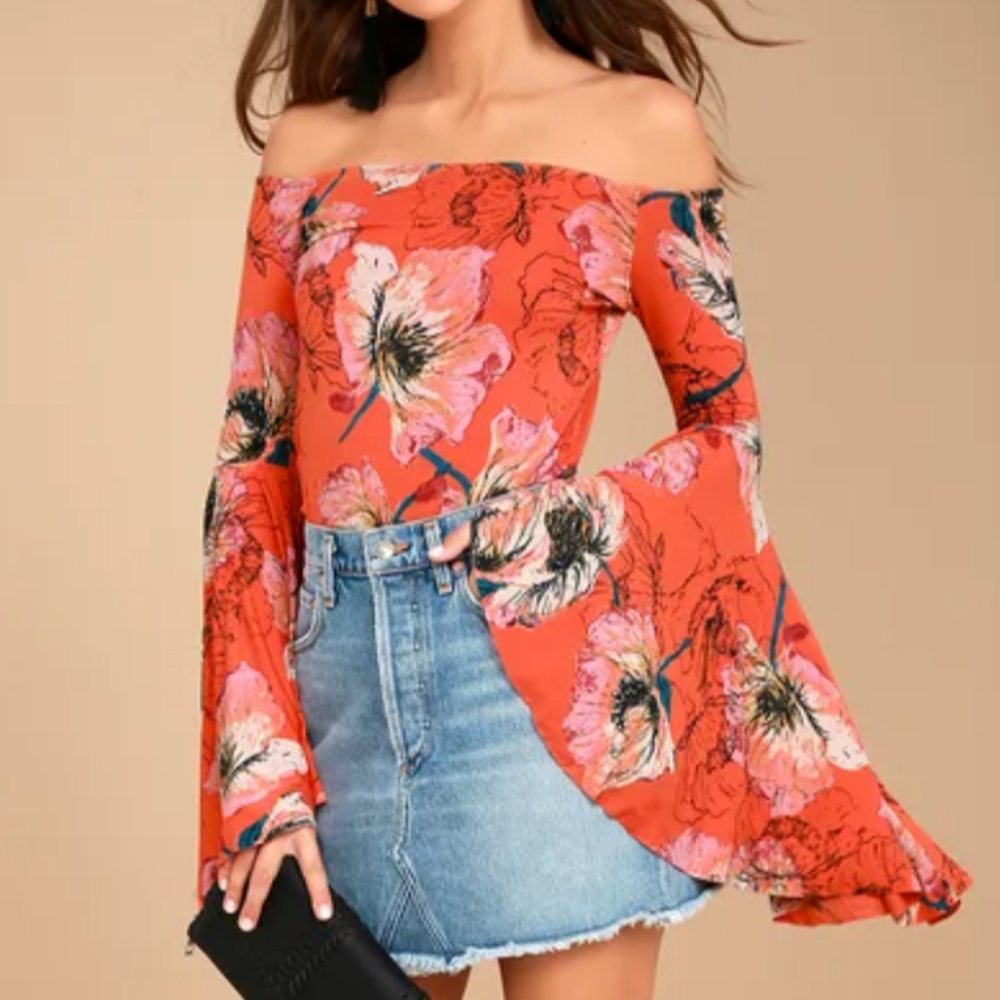 Free People Off The Shoulder Bell Sleeve Flower Orange Top Sz Small
